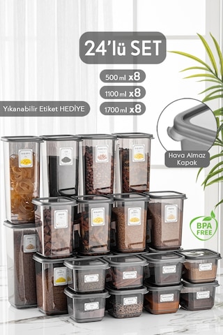 Meleni Home 24'lü Mega Set Pino Kare Erzak Saklama Kabı Seti Antrasit 8x 0,50 Lt-1,10 Lt -1,70 Lt Etiketli