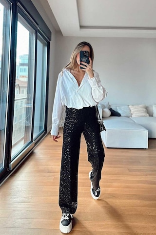 Unika Boutique Kadın Beli Lastikli Ve Pul Payetli Tasarım Bol Pantolon siyah