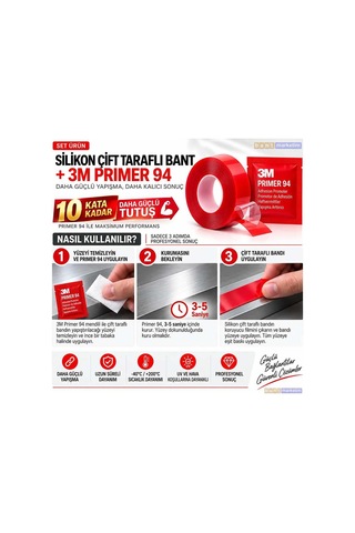 Silikon Çift Taraflı Bant 19mm X 5m + 3m Primer 94 Yapışma Güçlendirici Set Bant Marketim