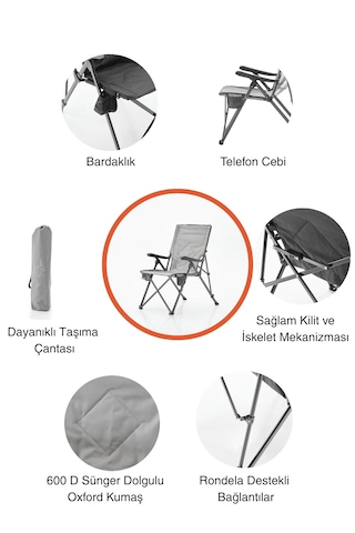 3 Kademe Yatabilen Sırtlı, Katlanabilir, Sünger Takviyeli 150 Kg