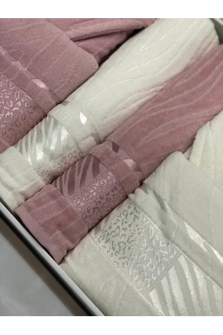 Durul Kadife Jakarlı Pamuklu 8 Parça Aile Bornoz Seti Pudra