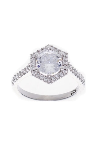 7mm Zirkon Taşlı Altıgen Model 925 Ayar Gümüş Kadın Tektaş Yüzük