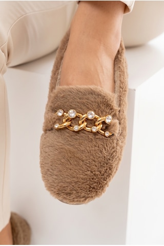 Nmoda Kadın Peluş Panduf Gold Zincir Taşlı Aksesuarlı Kapalı Loafer Yumuşak Tabanlı Kışlık Rahat Babet Vizon