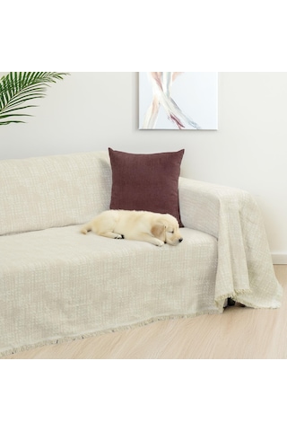 Purecot Premium Pamuklu Püsküllü Koltuk Örtüsü 180x220 Çift Taraflı Terletmez Kaymaz , Krem krem