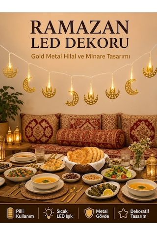 Minareli Hilal Led Işık Gold Metal Gövdeli Pilli Ramazan Dekoru Çok Renkli 26876342
