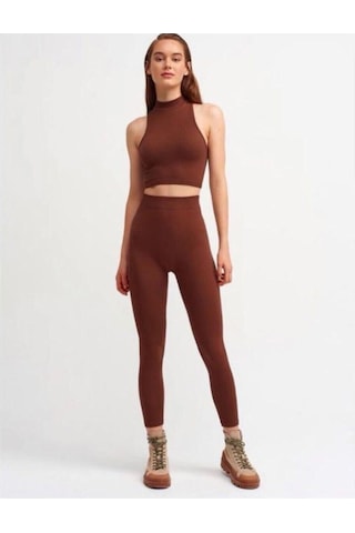 Kadın Modası Kadın Kahverengi Yüksek Bel Dikişsiz Fitilli Taytkahverengi L/Xl Kahverengi