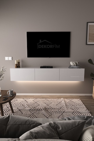 Df17103 Dolaplı Duvara Monte Tv Ünitesi 180 Cm Modern Askılı Dekoratif Stil Tv Sehpası Beyaz