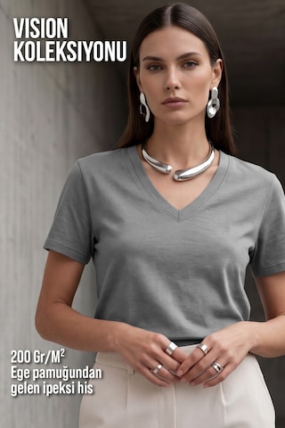 Goffra Kadın Vision V Yaka Premium Kalite Yoğun Dokulu Pamuklu T-shirt Koyu Gri W102-r0220-05