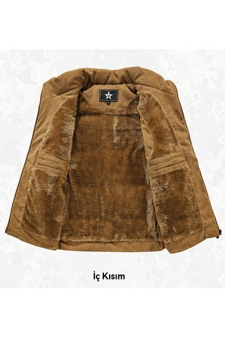 Polar Astarlı, Kalın Dik Yakalı, Sıcak Pamuklu Dolgulu Ceketli Erkek Kadife Yelek Siyah