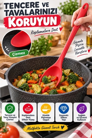 7'li Set Büyük Boy Silikon Kaşık 27 Cm Renkli Yanmaz Mutfak Yemek Pişirme Ve Servis Kaşığı Seti