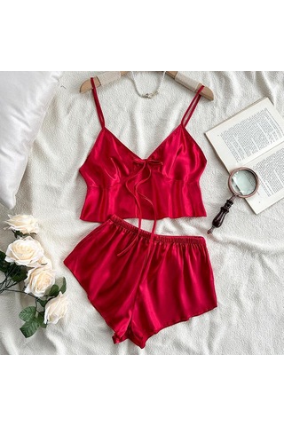Buz İpek Atlet Pijama Kadın Moda İki Parça Ev Giyim İnce Ev Askılı Şort Takımı Kırmızı