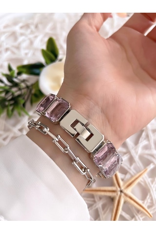 Coliseum Özel Tasarım Vintage Seri Taşlı Kordon Model Kadın Kol Saati+bileklik Hediyeli Cl8888.s06 Gümüş