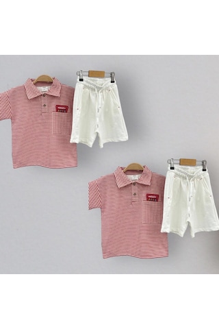 Lolliboomkids Yeni Sezon Kımızı Çizgili Polo Yaka Tshirt Ekru Bermuda Şort Takım 2'li Set Beyaz - Kırmızı