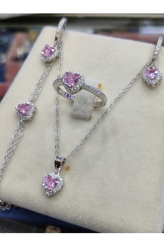 925 Ayar Gümüş Pembe Kalpli 4 'lü Gümüş Set, Kolye, Küpe, Yüzük V