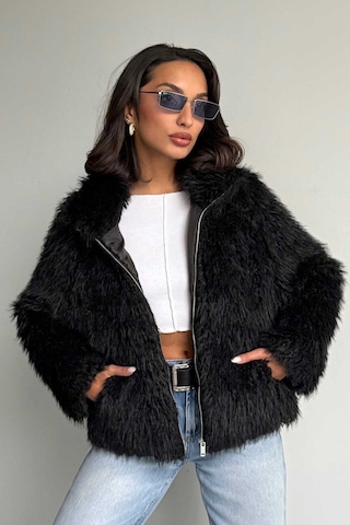 Verymoda Yapay Kürk Kadın Ceket Fermuarlı, Yumuşak Dokulu Modern Kışlık Mont F2037 Siyah