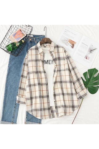 Beyaz Qooth Kadın Sonbahar Kış Fırçalanmış Ekose Bluz Retro Zarif Gevşek Uzun Kollu Gömlek Ceket Qt1910 Beyaz