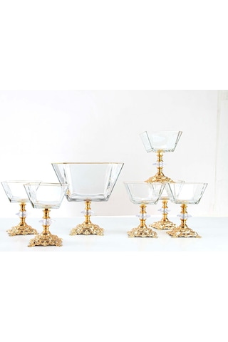 Plt Design 7 Parça Metal Ayaklı Gold Detaylı Cam Büyük Boy Salata - Magnolia Dondurmalık