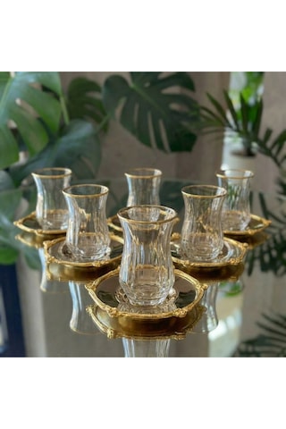 12 Parça 6 Kişilik Kristal Kesim Çay Takımı Cam Çay Bardağı Ve Tabak Seti Eco Gold