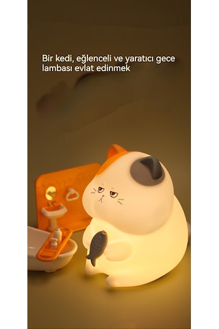 Yaratıcı Açgözlü Kedi Görseli Başucu Gece Lambası 035-1 Beyaz