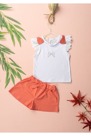 Fiyonklu Taş Baskılı Tshirt Şortlu Kız Çocuk 2'li Takım 2-5 Yaş