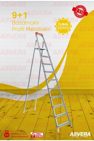 Elmas Serisi - 9+1 Basamaklı Katlanır Profil Merdiven Ev Bahçe Ofis Atölye İçin Sağlam Metal 1 Adet