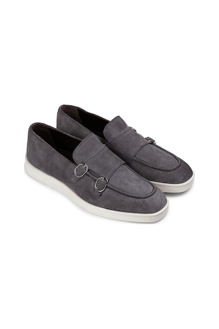 Deery Hakiki Süet Gri Çift Tokalı Erkek Loafer Ayakkabı - 01966mgrıc01 Gri
