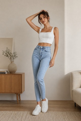Woddi Kadın Jeans Buz Mavi Kar Yıkama Mom Jeans Yüksek Bel Denim Kot Pantolon Taş