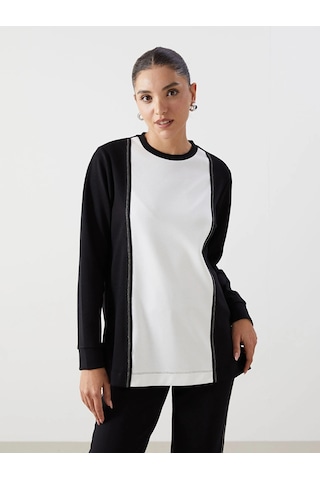 Lc Waikiki Lcwaıkıkı Classic Siyah Bisiklet Yaka Renk Bloklu Kadın Sweatshirt Tunik Siyah/beyaz