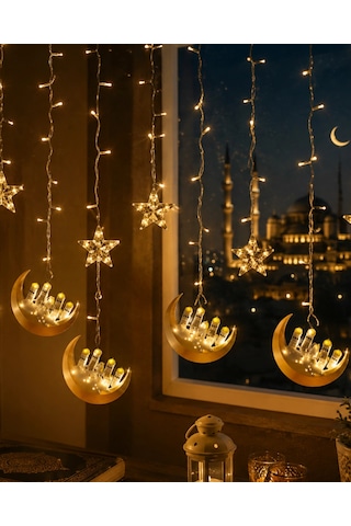Hilal Yıldız Led Ramazan Işığı 3 Metre Dekoratif Perde Aydınlatması Çok Renkli