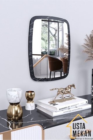 Usta Mekan Siyah Mermer Desen Dekoratif Yuvarlak Kenar Büyük Antre Hol Koridor Duvar Salon Wc Ofis Aynası 60 Cm