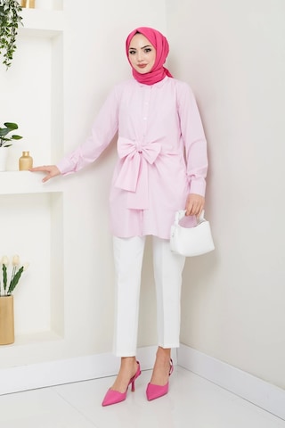 Çizgili Poplin Bağlamalı Gömlek - Pudra / Ü103 Pudra