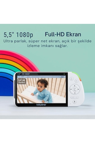 Babysense 5.5" Full Hd Bebek Monitörü, Wifi Olmadan, 300m Menzil, Iki Yönlü Ses, 4x Zoom, 5000mah Pil Kamera Sistemi