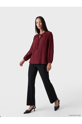 Lcw Everyday Bordo Bağlamalı Yaka Büzgülü Dokulu Bluz