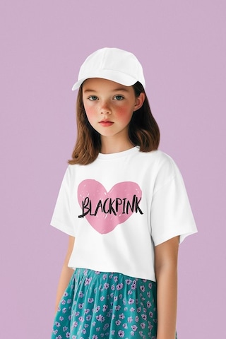 Sevbano Blackpink Kalp Temalı Baskılı Unisex Müzik Grubu Çocuk Tişört 1- Beyaz