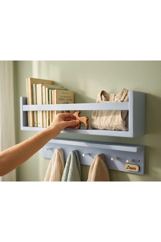 50 CM İkili Montessori Ahşap 50x10 Cm Duvar Rafı, İsme Özel Çocuk Odası Kitaplık Ve Askılık, Dekoratif Duvar Rafı, İkili Montessori Ahşap Çocuk Rafı. Mavi