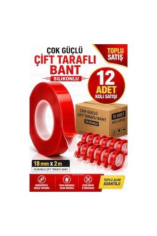 12 Adet Silikonlu Çift Taraflı Bant 18 Mm X 2 M Güçlü Yapışkan Şeffaf Montaj Bandı Ekonomik Koli Pak