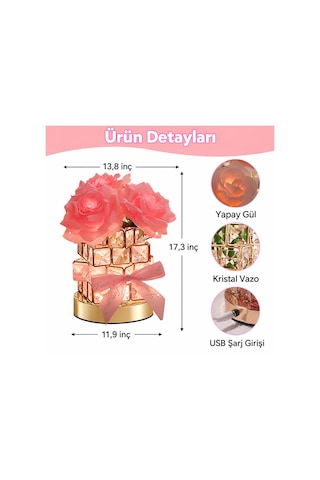 Kristal Cam Pembe Güllü Şarjlı Masa Lambası 4000 Mah Dokunmatik 3 Işık Modlu Dekoratif Gece Lambası