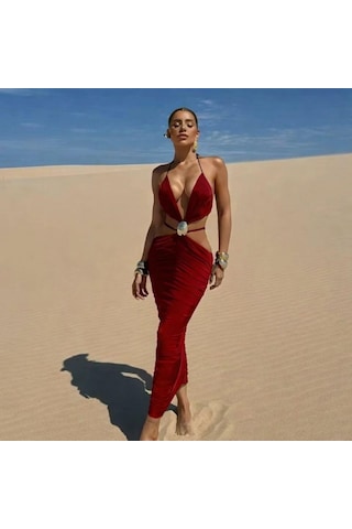 Pink Life Kırmızı Sandy Kumaş Toka Det.dekolteli Midi Elbise Kırmızı