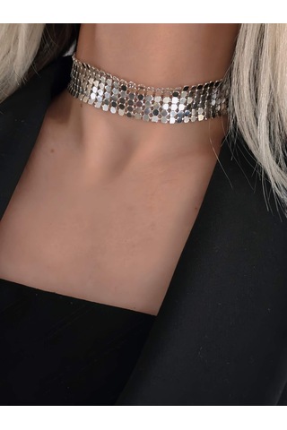 Arpa Pul Payet Zırh Metal Model Gümüş Choker Kolye Silver Çok Renkli