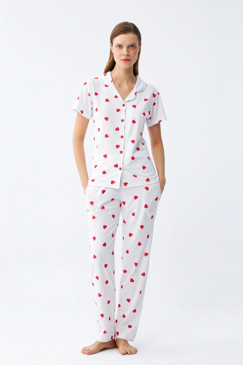 Akbeniz Kadın Beyaz Kırmızı Kalpli Önden Düğmeli Pijama Takımı Beyaz
