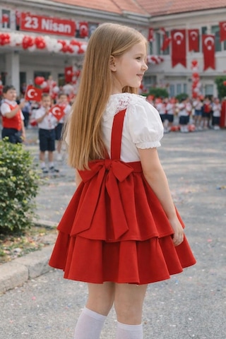 Miniko Kids 23 Nisan Kız Çocuk Kısa Kol Detaylı Bayramlık Salopet Etekli Takım Kırmızı