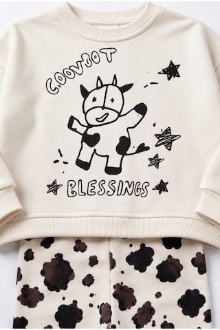 Magu Çocuk İnek Baskılı Ekru Sweatshirt Ve Desenli Eşofman Altı Takımı Çok Renkli