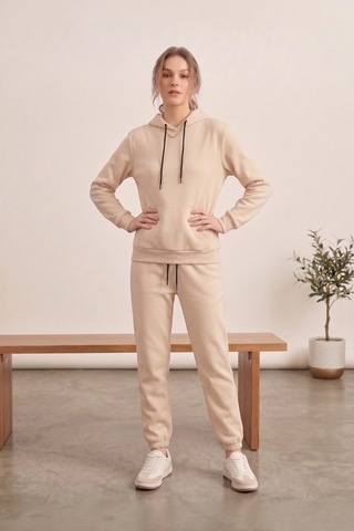 Moibody Kadın 3 İplik Şardonlu Eşofman Takımı Premium Kapüşonlu Sweatshirt Ve Jogger Alt Krem Krem