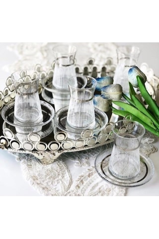 Elta Collection Handmade Gümüş Işlemeli 6 Kişilik Çay Seti Gümüş