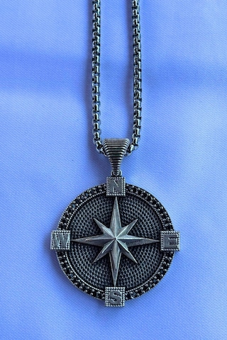 Pusula El İşçiliği Paslanmaz Çelik Zincir Erkek Kolye Gümüş