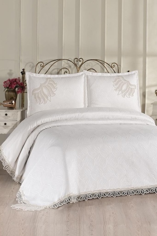 Çeyiz Diyarı Fransız Dantelli Velmora Çift Kişilik Yatak Örtüsü 230x250 Cm Krem