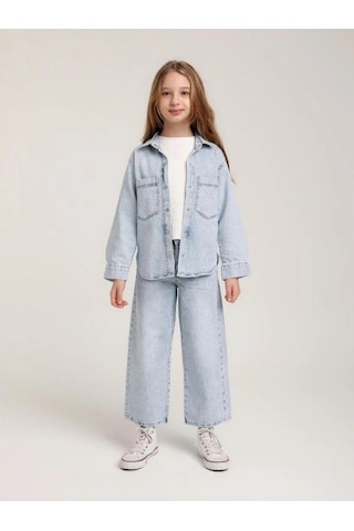 Kız Çocuk Taşlı Tasarım Kot Ceket-15581 Mavi