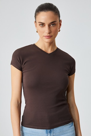 ETHIQUET MARTA Kadın Yuvarlak Yaka Kısa Kol Slim Kahverengi T-Shirt