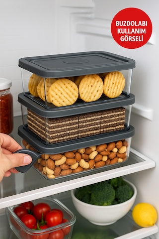 3 Lü Dikdörtgen Trio Saklama Kabı Seti 0.70l 1.0l 1.5l Gri Kapak Diğer