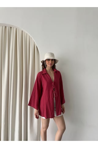 Bordo %100 Keten Bağcık Detaylı Kimono Bluz - 5218 Bordo